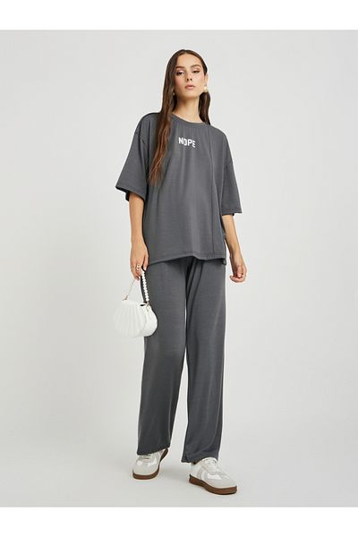 Styli Slogan Print Round Neck T-Shirt and Pants Co-Ords