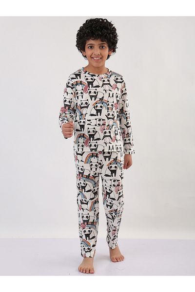 Anthrilo By Styli Boys White All-Over Panda Print Long Sleeve T-Shirt and Pyjama Set