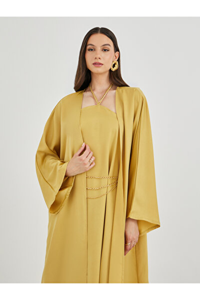 Keenly By Styli Solid Open Front Kimono with Maxi Dress Set