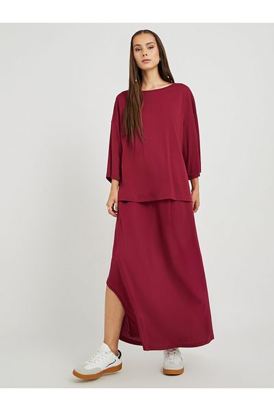Styli Solid Long Sleeve Top and Side Slit Midi Skirt Co-Ords