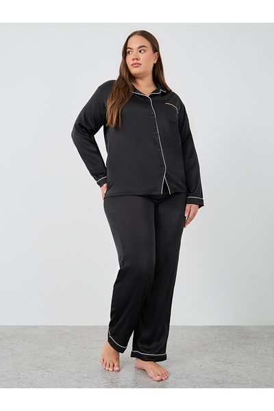 Styli Plus Size Matte Satin Shirt and Pyjama Set