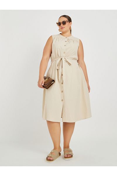 Styli Plus Size Sleeveless Buttoned Midi Dress with Tie-Up Belt Detail