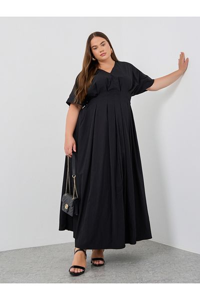 Styli Plus Size Pleated Short Sleeves A-Line Maxi Dress