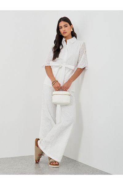 Styli Schiffli Belted Shirt and Flared Pants Co-Ords