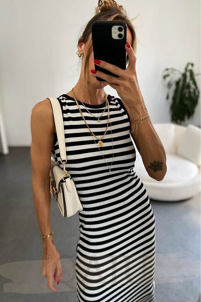 Qaju Women's Viscose Fabric Striped Fit Dress Black White