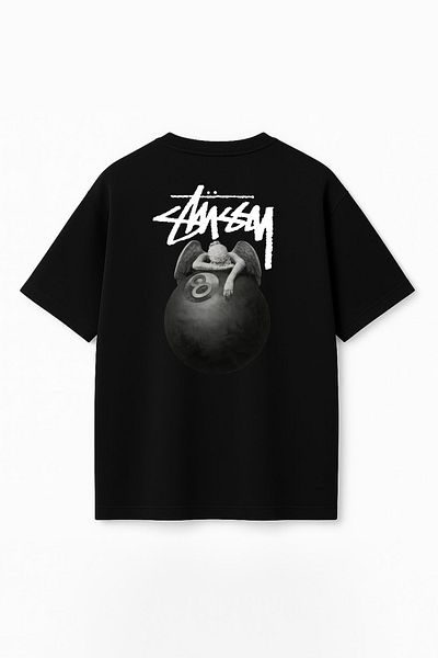 THE RULE Unisex Stüssy Angel Billiard Ball Printed Oversize 100% Cotton Wide Cut Crew Neck T-Shirt Rf0530