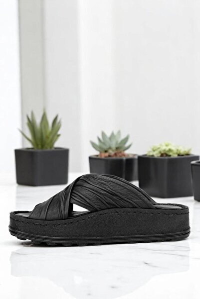 Mammamia D25Yt-1430 Black Genuine Leather Full Orthopedic Daily Women's Slippers