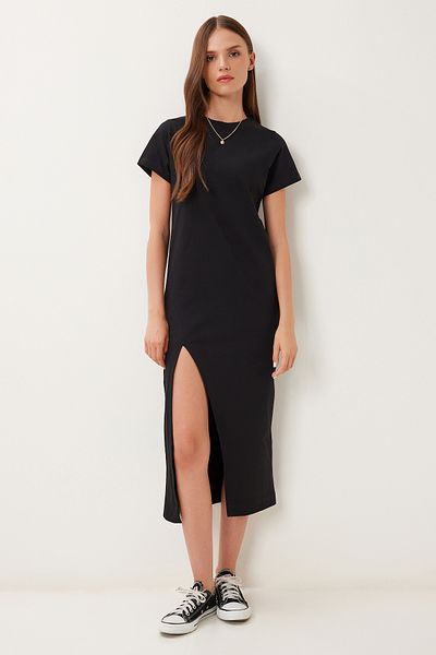 Lovelyİstanbul Slit Flexible Knitted Midi Dress Black Lub0123