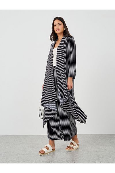 Keenly By Styli Striped Open Front Kimono with Wide Leg Pants Set