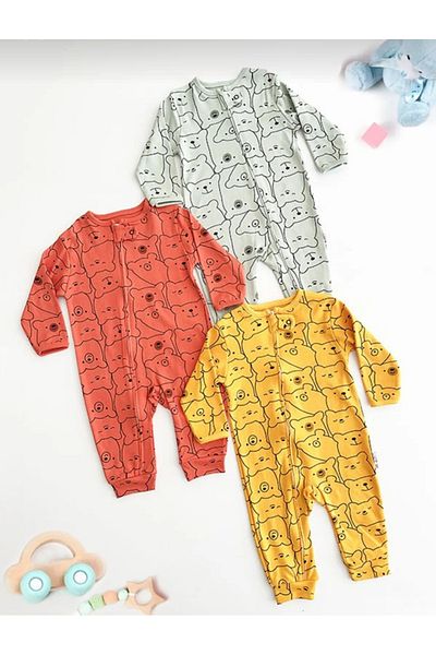 Bamoola Cute Teddy Bear Printed 100% Cotton 3-Piece Jumpsuit Set Unisex