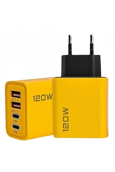 FOXMAG24 Adaptor încărcător, 120W, 4 porturi, 2 USB + 2 tip C, încărcare rapidă, USB pentru telefon mobil, galben/negru