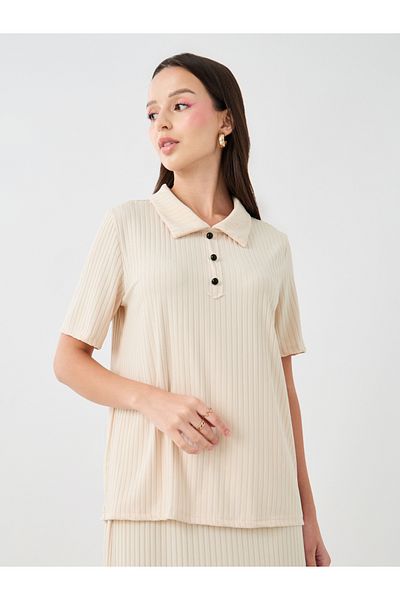 Styli Ribbed Contrast Button Detail Polo T-Shirt and Skirt Co-Ords