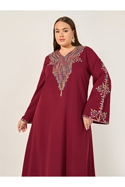 Styli Burgundy Rhinestone Details Embroidered Maxi Jalabiya