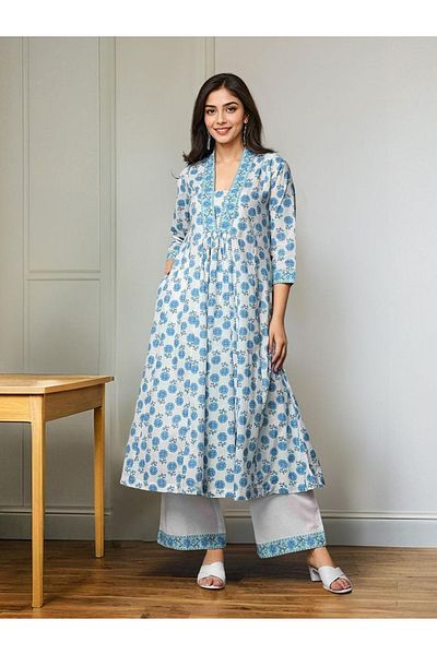 Ishin By Styli Printed V-Neck A-Line Kurta with Trousers Set