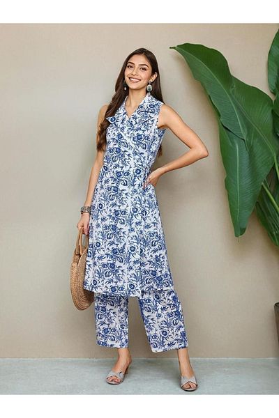 Ishin By Styli Floral Print Smocked Crop Top with Pants and Tunic Co-Ords
