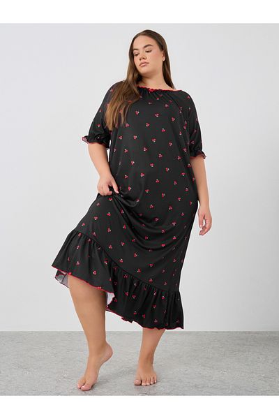 Styli Plus Size Cherry Print Gathered Detail Night Dress