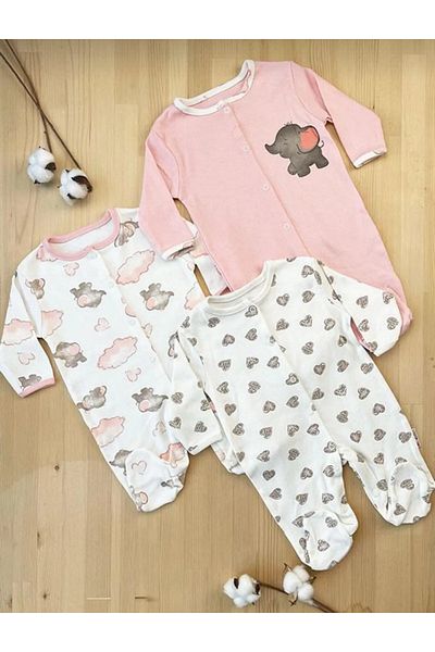 Baby Wings Cute Elephant and Heart Printed 100% Cotton 3-Piece Jumpsuit Set