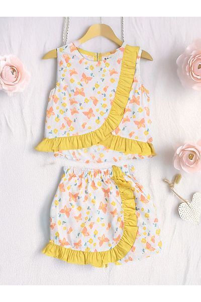 Bella Moda By Styli Printed Ruffled Trim Top and Shorts Set