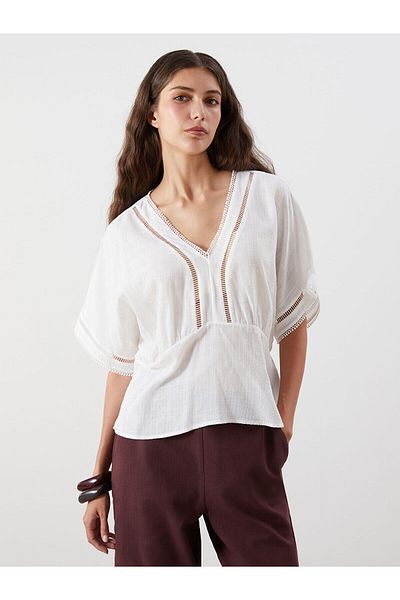 LC Waikiki V Neck Lace Detail Gathered Blouse