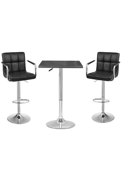 AWF AL WADI FURNITURE Livo 3 Piece Adjustable Square Mdf Wood Bar Table Set With 2 Box Style Bar Chairs With Arms, Black