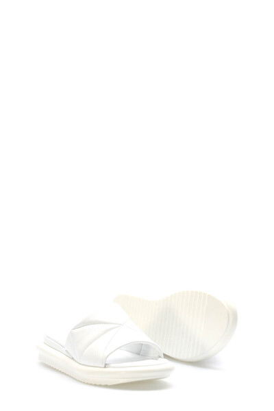 TUGERDİ Tugerdi White Inside and Outside Genuine Leather Thermo Sole Quality Flat Women's Slippers Tg092272611511014