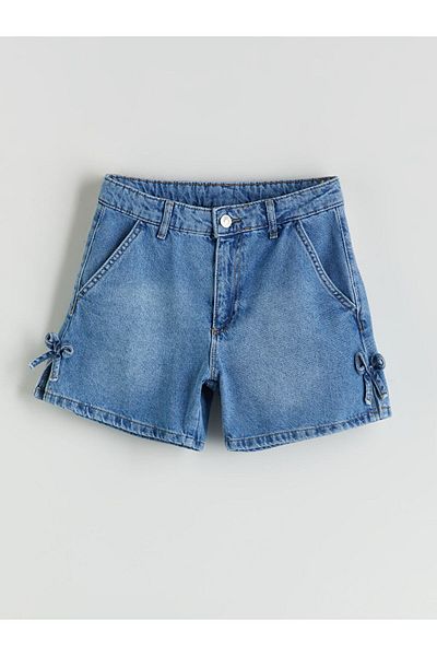 LC Waikiki Indigo Bow Detailed Girl's Jean Shorts