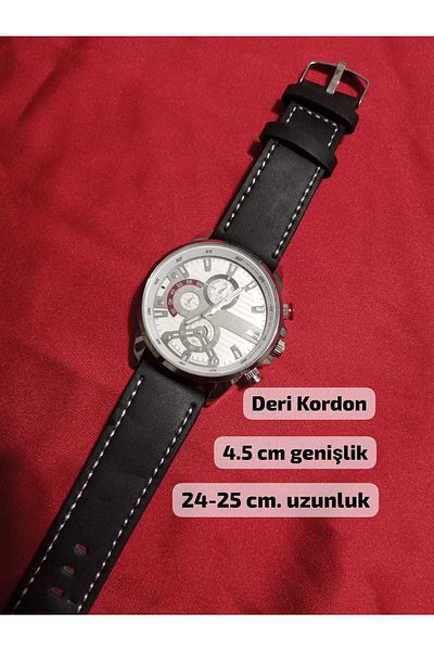 Brality Men's Wrist Watch ... (Stitched) Black Leather Band... Silver Color Case Red Detail- 6075