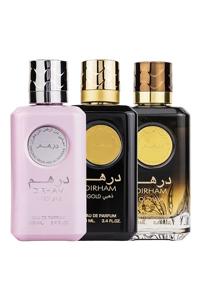 ARD AL ZAAFARAN Pack of 3 perfumes, Dirham Wardi 100 ml, Dirham Gold 100 ml and Dirham Oud 100 ml