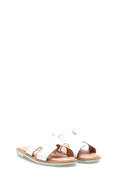 TUGERDİ Tugerdi White Inside and Outside Genuine Leather Thermo Sole Quality Flat Women's Slippers Tg0922726116818