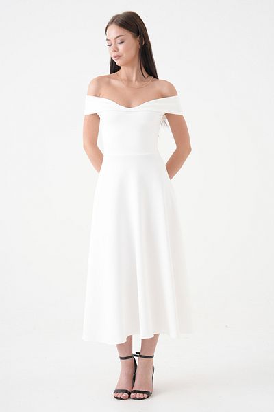 vuvutasarım Stretchy Diver Fabric Strapless Neckline Midi Length Flared Cutout Dress White Dress 77128