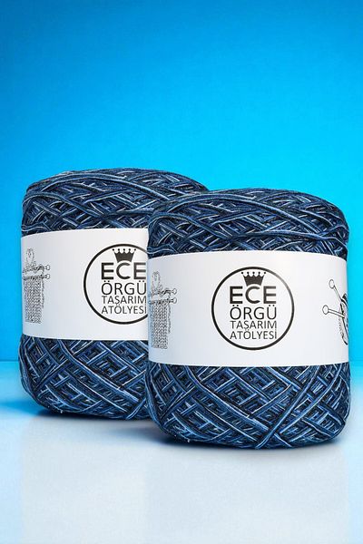 Ece Örgü Tasarım Atölyesi Ιταλικό Mercerized Πλεκτό Σχοινί Χειροποίητο με Ναυτικό Μπλε και Μπλε Τόνους, Floş Glitter (200 GR.)