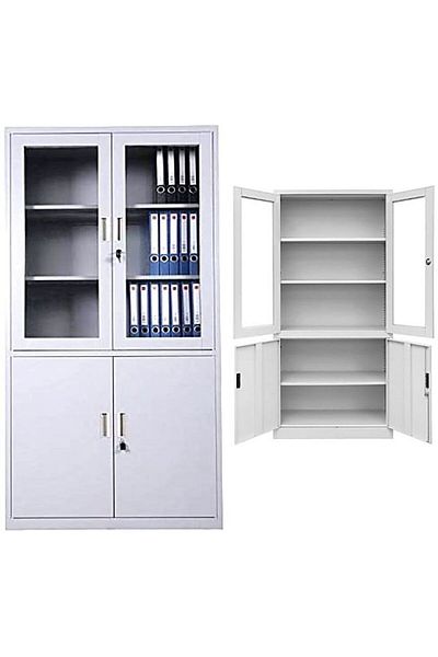 AWF AL WADI FURNITURE Ofsi Two Doors Upper Glass & Two Doors Lower Lockable Steel Cabinet with Interior Steel Racks, Grey