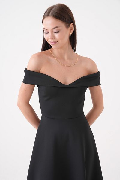 vuvutasarım Stretchy Diver Fabric Strapless Neckline Midi Length Flared Cutout Dress Black Dress 77128