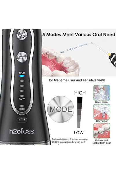 h2ofloss Water Flosser For Teeth Cordless Portable Oral Irrigator Flosser 5 Cleaning Modes - Black