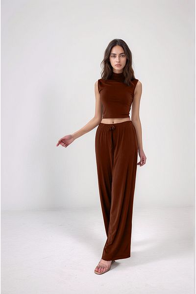 Bled Bottom-Top Set – Elastic Waisted Pants & High Collar Short Blouse