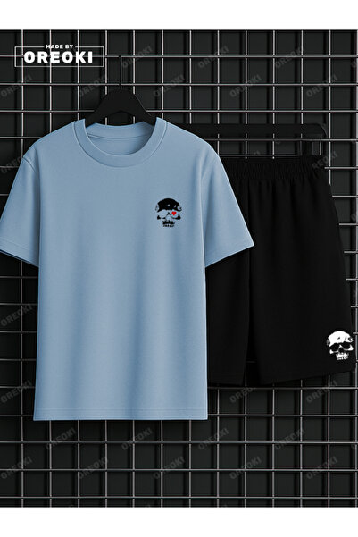 EFFRENATU Set de tricou albastru deschis și pantaloni scurți negri din bumbac...
