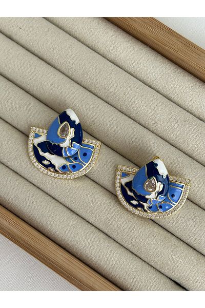 ringbox Gold Blue Enamel Stone Dangle Earrings