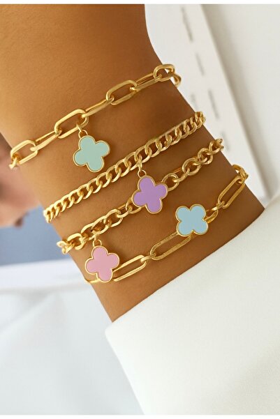 monalisatoka Kadın Gold Yoncalı Kombin 4’Lü Bileklik Seti