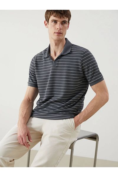 LC Waikiki Southblue Anthracite Polo Neck Striped Men's T-Shirt