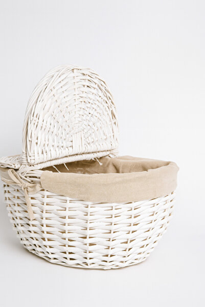 YUNUSOĞLU HOME Beyaz Hasır Piknik Sepeti 40x30x19 cm – Kapaklı Termoform Sepet Krem Kumaş Detaylı