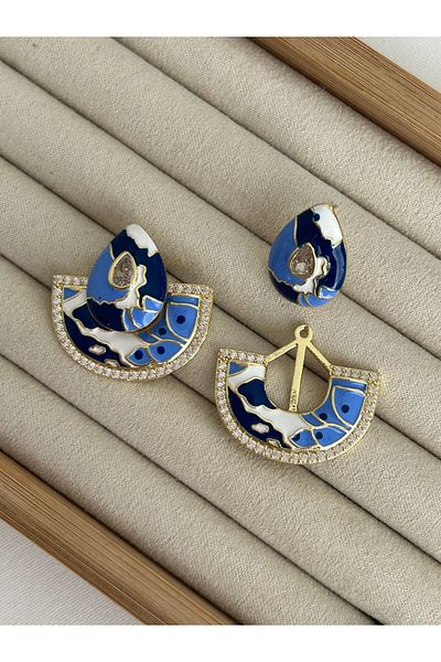 ringbox Gold Blue Enamel Stone Dangle Earrings