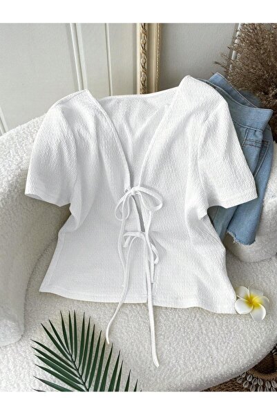 WEEST MODA λευκό LUNE γυναικείο μπλουζάκι με ανοιχτό μπροστινό μέρος με κοντομάνικο λεπτομέρεια Alaçatı