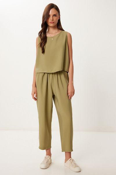 Lovelyİstanbul Sleeveless Blouse Pants Set Olive Green Lmc0058