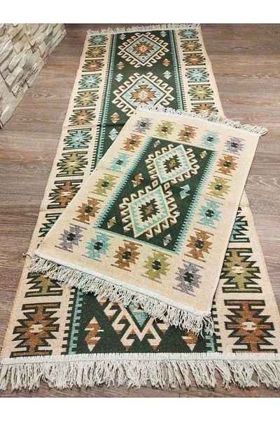 OEM 1+1 Traditional rugs, jute, size 1 pc 80x200cm+ 1 pc 60x90cm Olive green