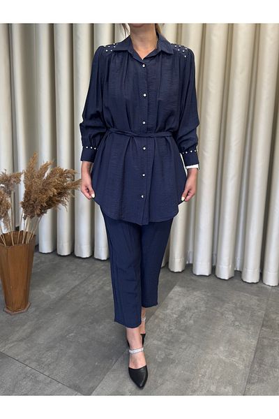 MOI ANGEL Women's Navy Blue Diamond Stone Buttoned Elastic Waist Hijab Double Suit Pants Shirt