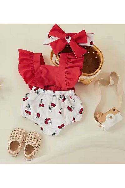 Kokosh kidss Baby Girl Cherry Romper and Cherry Bandana Set