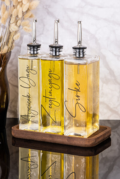 Dolkin Home 3lü Lüx 500ml Yağdanlık Ahşap Standlı Silver Kapak Cam Yağlık Zey...