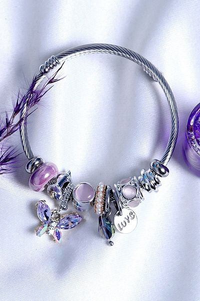 HEDİYEBOHÇAM Women's Lilac Color Butterfly Steel Bracelet with Charm