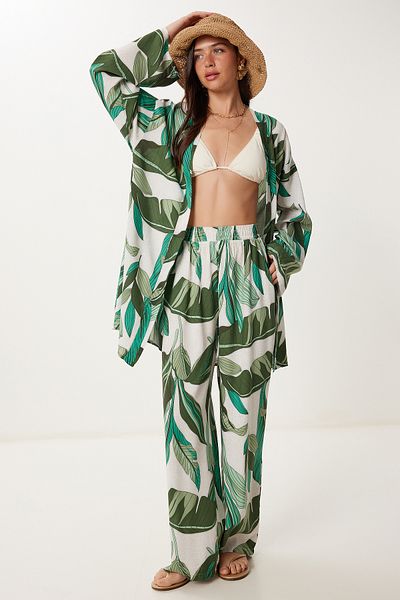 Lovelyİstanbul Patterned Summer Viscose Kimono Pants Set Khaki Stone Lje0003