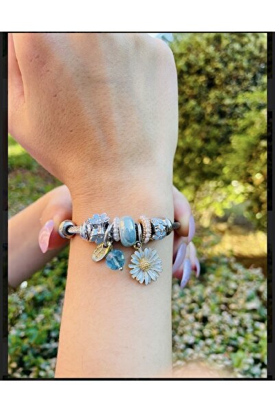 HEDİYEBOHÇAM Charmy Blue Daisy Steel Bracelet